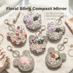 Bling Bear Compact Mirror with Rhinestones, Double-Sided Folding Makeup Mirror, Portable Keychain Mirror for Purse, Travel, Gift for Women Girls