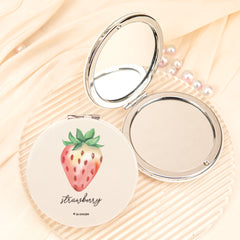 Cute Strawberry Compact Mirror Round Folding Pocket Mirror PU Leather Double Sided Metal Cosmetic Mirror Portable Beauty Tool