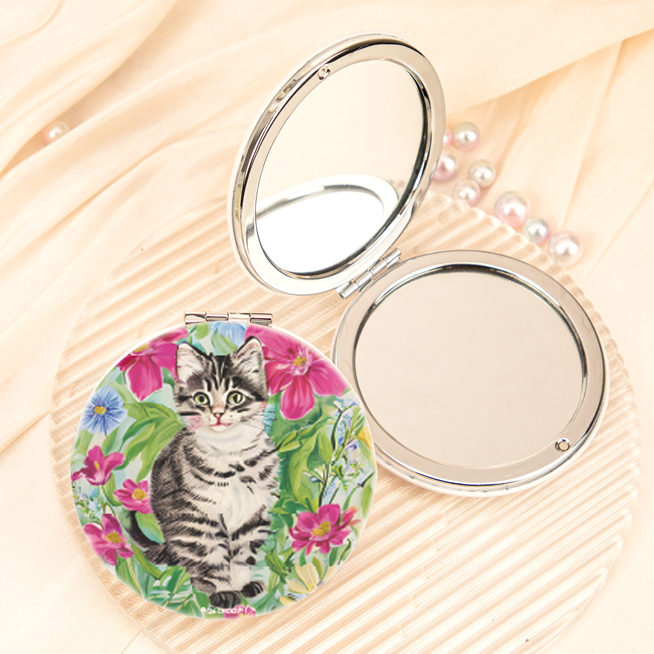 Cute cat floral PU leather compact mirror, product view 6