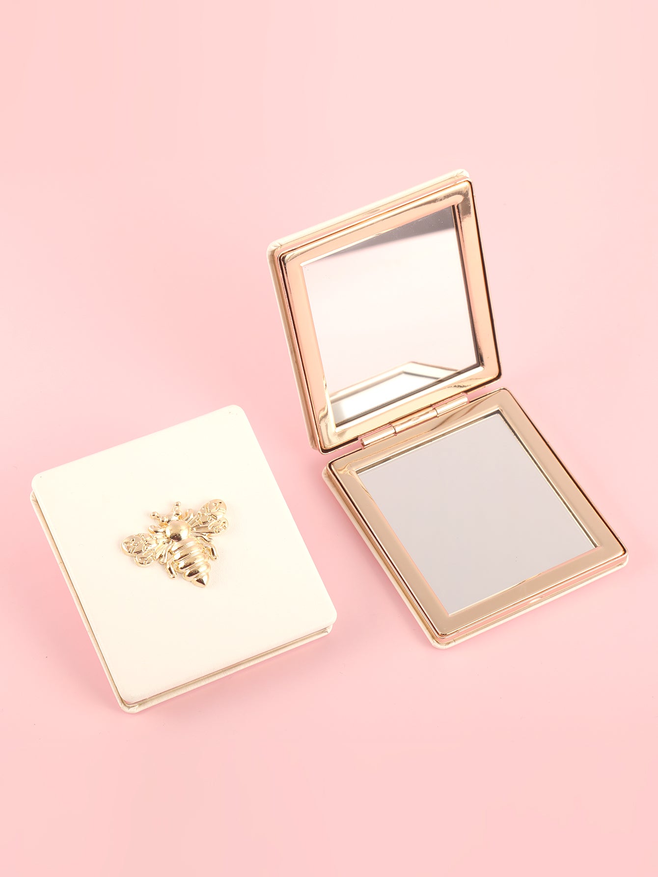 Vintage honeybee PU leather compact mirror with gold-tone bee emblem and double-sided glass