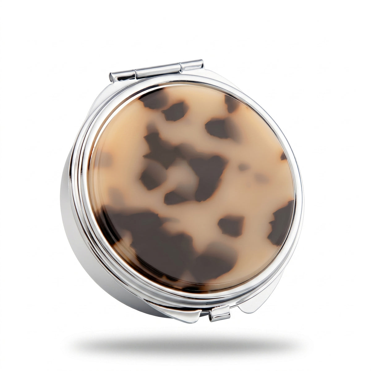 Round Pill Organizer with Mirror, 6 cm Compact Travel Pill Box with Acetate Acrylic Inlay, Metal Frame, ABS Compartments & Glass Mirror, Daily Medication and Vitamin Case for Women and Men