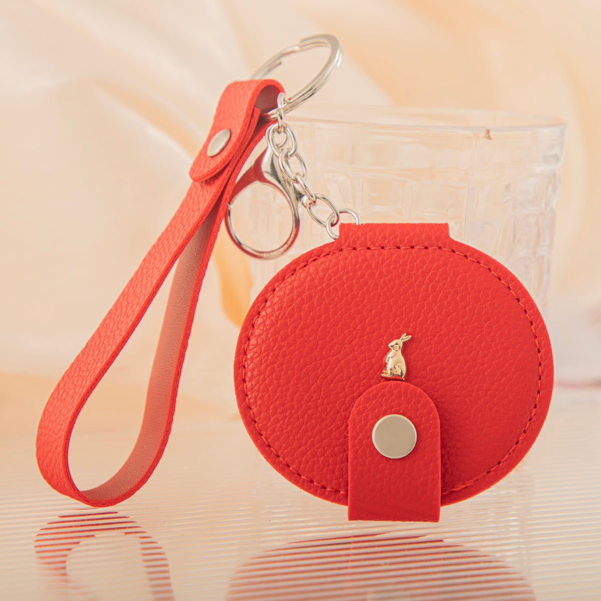 Luxury PU Leather Double-Sided Compact Mirror with Wrist Strap & Puppy Charm, Portable Folding Makeup Mirror for Women Girls Travel Purse Daily Touch-Up