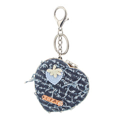 Heart Shape Denim Compact Mirror Keychain, Portable Folding Makeup Mirror with Cute Strawberry Design, 95% High Clarity Pocket Mirror for Women, Girls, Travel, Purse, Bag Charm Gift