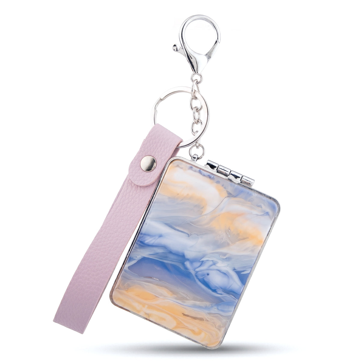 Rectangle Marble Swirl Acetate Compact Mirror Keychain with Snap Leather Wrist Strap, Double Sided Folding Makeup Mirror with 95% High Reflectivity Lens, Portable Pocket Mirror for Purse Travel, Gift for Women Teen Girls