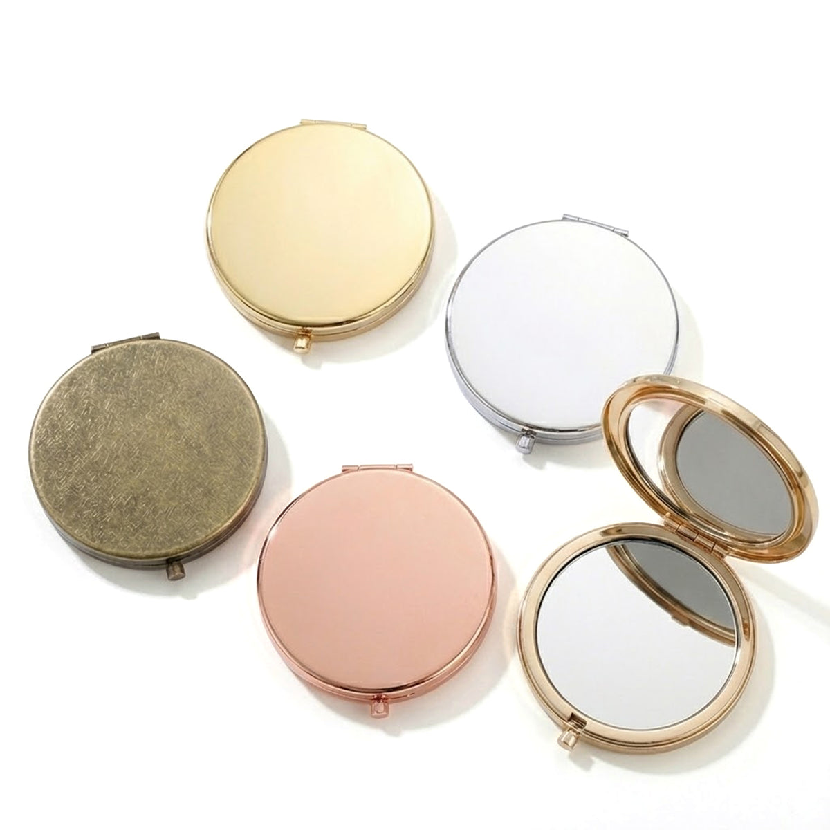 Round Blank Compact Mirror Blanks Bulk - Double-Sided Smooth Metal Folding Pocket Mirror Frames for Custom Logo Engraving, Sublimation, Vinyl, Resin DIY Crafts (Silver, Gold, Light Gold, Rose Gold, Antique Bronze) 🪞✨