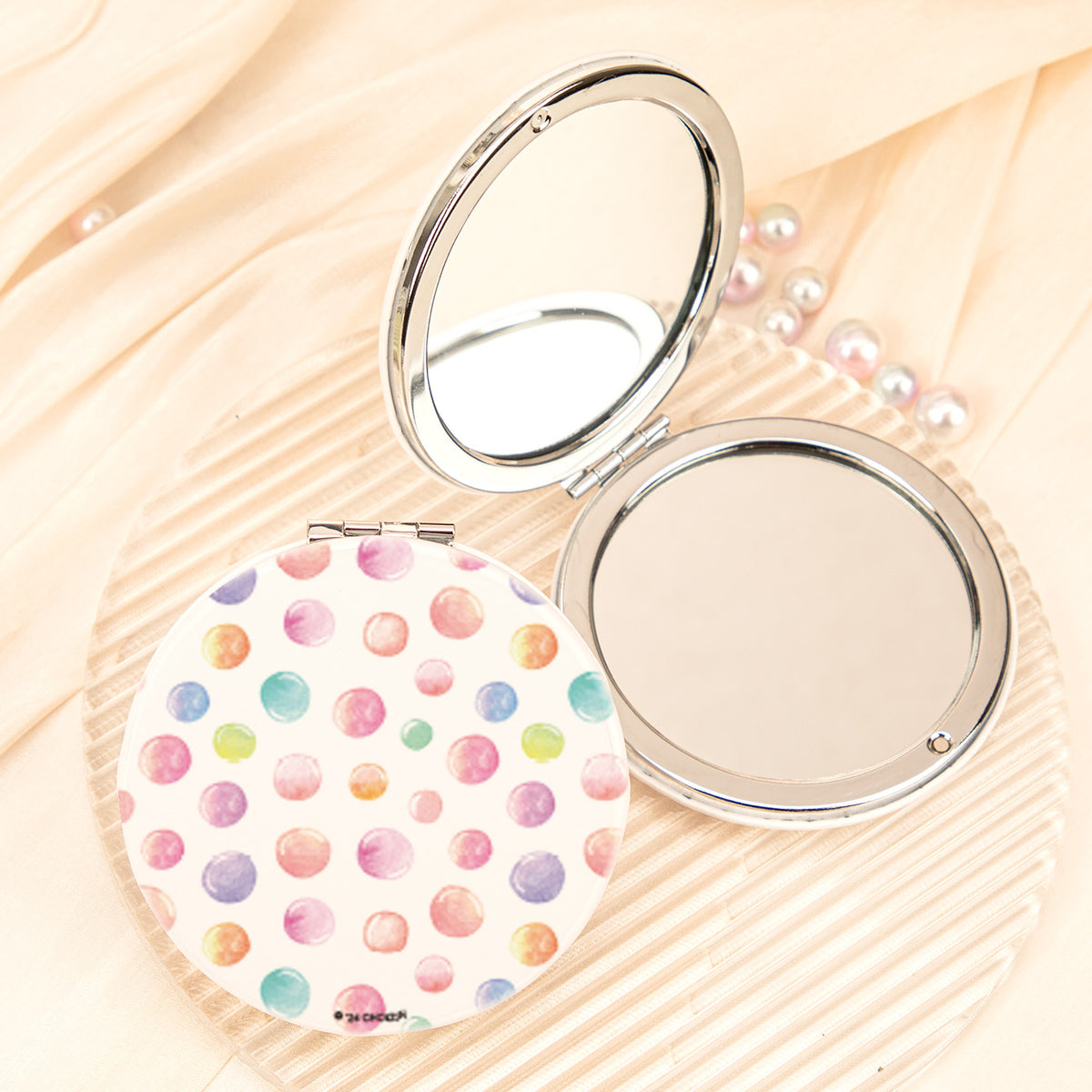 Abstract Polka Dot Compact Mirror Round PU Leather Folding Pocket Mirror Slim Iron Frame Dual Sided Glass Makeup Vanity