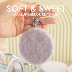 Round Plush Compact Mirror Keychain, Double-Sided Pocket Makeup Mirror with Soft Faux Fur Cover, Portable Travel Cosmetic Mirror for Women & Girls