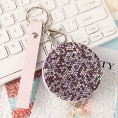 Sparkling Crystal Rhinestone Pocket Mirror Keychain PU Leather Strap Round Metal Cosmetic Mirror Bag Charm Vanity Mirror for Women