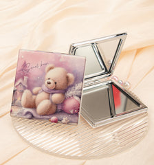 Cute teddy bear PU leather compact mirror, product view 3