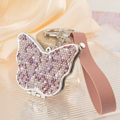 Butterfly Rhinestone Compact Mirror Keychain PU Leather Strap Folding Pocket Mirror Bling Dual Sided Plastic Vanity Mirror