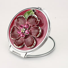 Vintage Floral Compact Mirror with Rhinestones, Double-Sided Folding Makeup Mirror, Portable Pocket Mirror