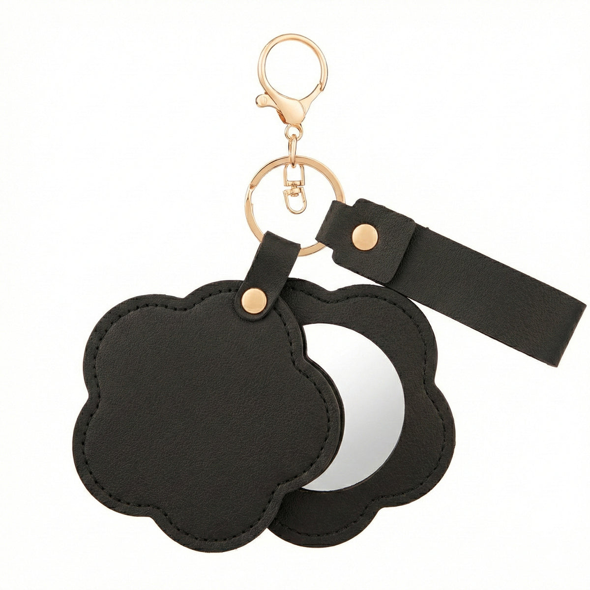 Flower-Shaped PU Leather Compact Mirror Keychain - Multi-Color Cute HD Swivel Folding Travel Mirror