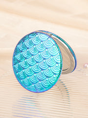 Holographic Mermaid Fish Scale PU Leather Compact Mirror - Round Double-Sided Folding Pocket Vanity Mirror with Silver Metal Frame & HD Glass for Purse, Travel & Gifts 🧜‍♀️🪞✨
