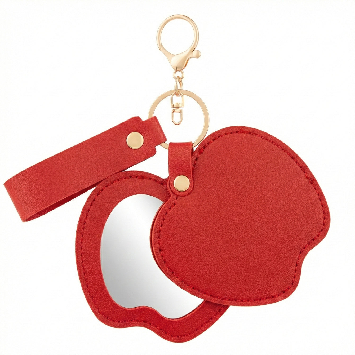 Apple-shaped PU leather compact mirror keychain with double-sided glass and swivel folding design
