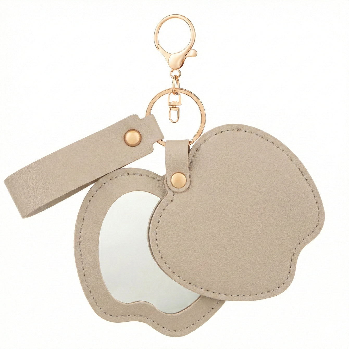 Apple-shaped PU leather compact mirror keychain with double-sided glass and swivel folding design