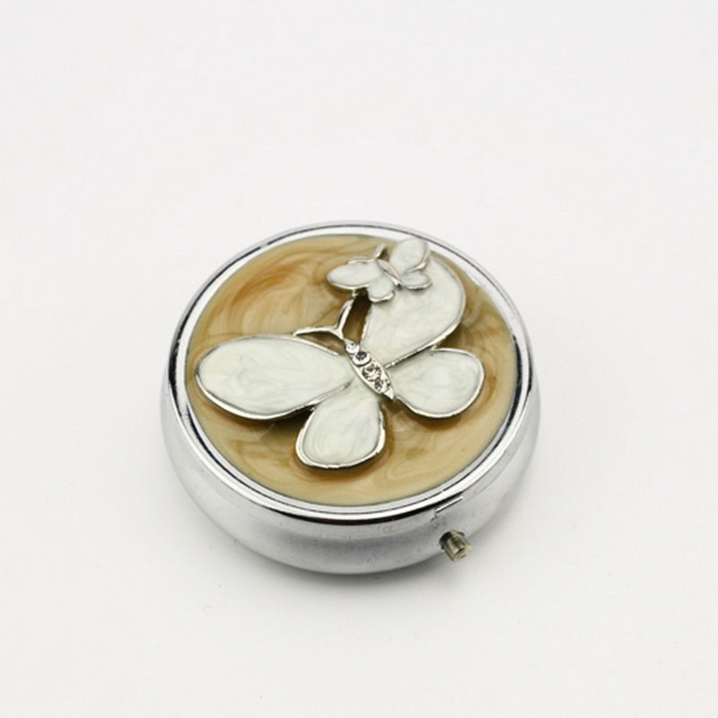 Round Rhinestone & Enamel Pill Box with Mirror, Butterfly Decor Portable Pill Organizer