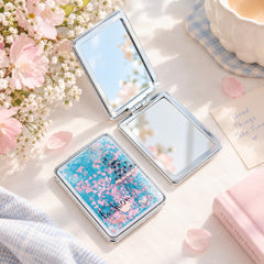 Rectangle Quicksand Compact Mirror Liquid Glitter Folding Pocket Mirror Silver Plated Dual Sided Makeup Vanity Fashion Girl Mirror