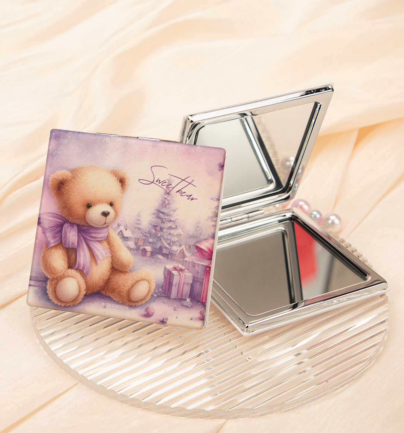 Cute teddy bear PU leather compact mirror, product view 10