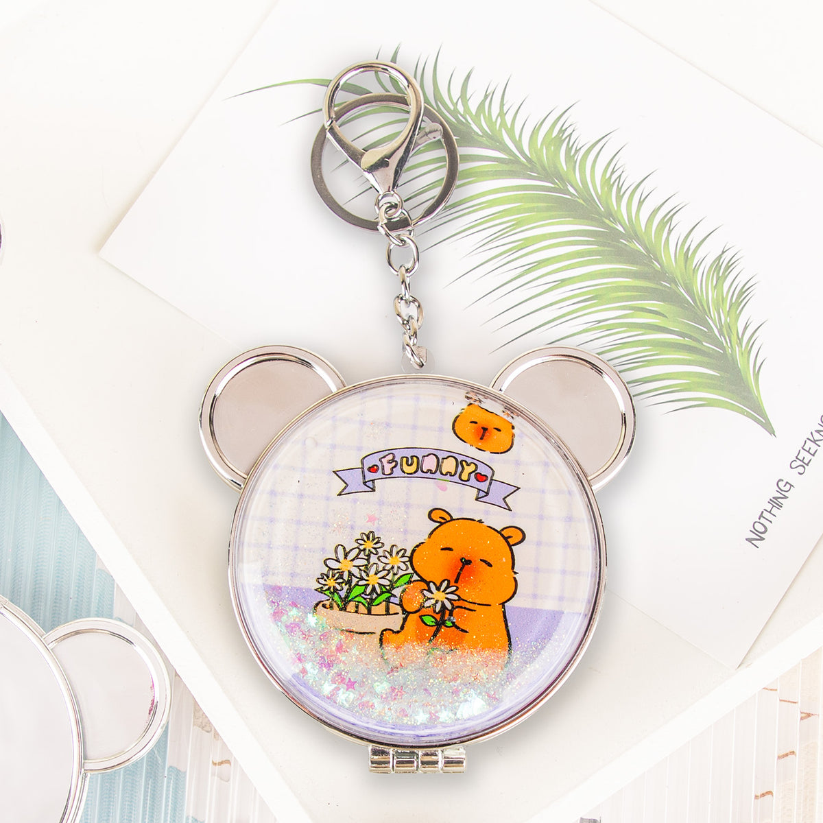 Cute Bear Head Quicksand Compact Mirror Keychain Liquid Glitter Floating Sequins Folding Pocket Mirror Dual Sided Metal Frame