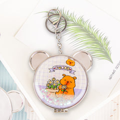 Cute Bear Head Quicksand Compact Mirror Keychain Liquid Glitter Floating Sequins Folding Pocket Mirror Dual Sided Metal Frame