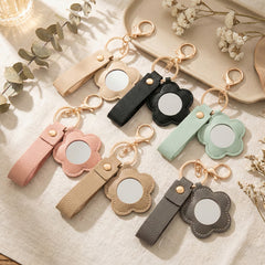 Litchi Grain PU Leather Small Flower-Shaped Compact Mirror Keychain - Multi-Color Cute HD Swivel Folding Double-Sided Travel Mirror