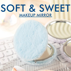 Round Plush Compact Mirror, Double-Sided Pocket Makeup Mirror with Soft Faux Fur Cover, Portable Travel Cosmetic Mirror for Women & Girls