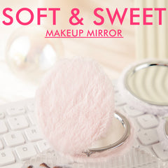 Round Plush Compact Mirror, Double-Sided Pocket Makeup Mirror with Soft Faux Fur Cover, Portable Travel Cosmetic Mirror for Women & Girls