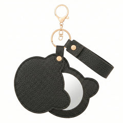 Litchi Grain PU Leather Bear-Head Shaped Compact Mirror Keychain - Multi-Color Cute HD Swivel Folding Travel Mirror