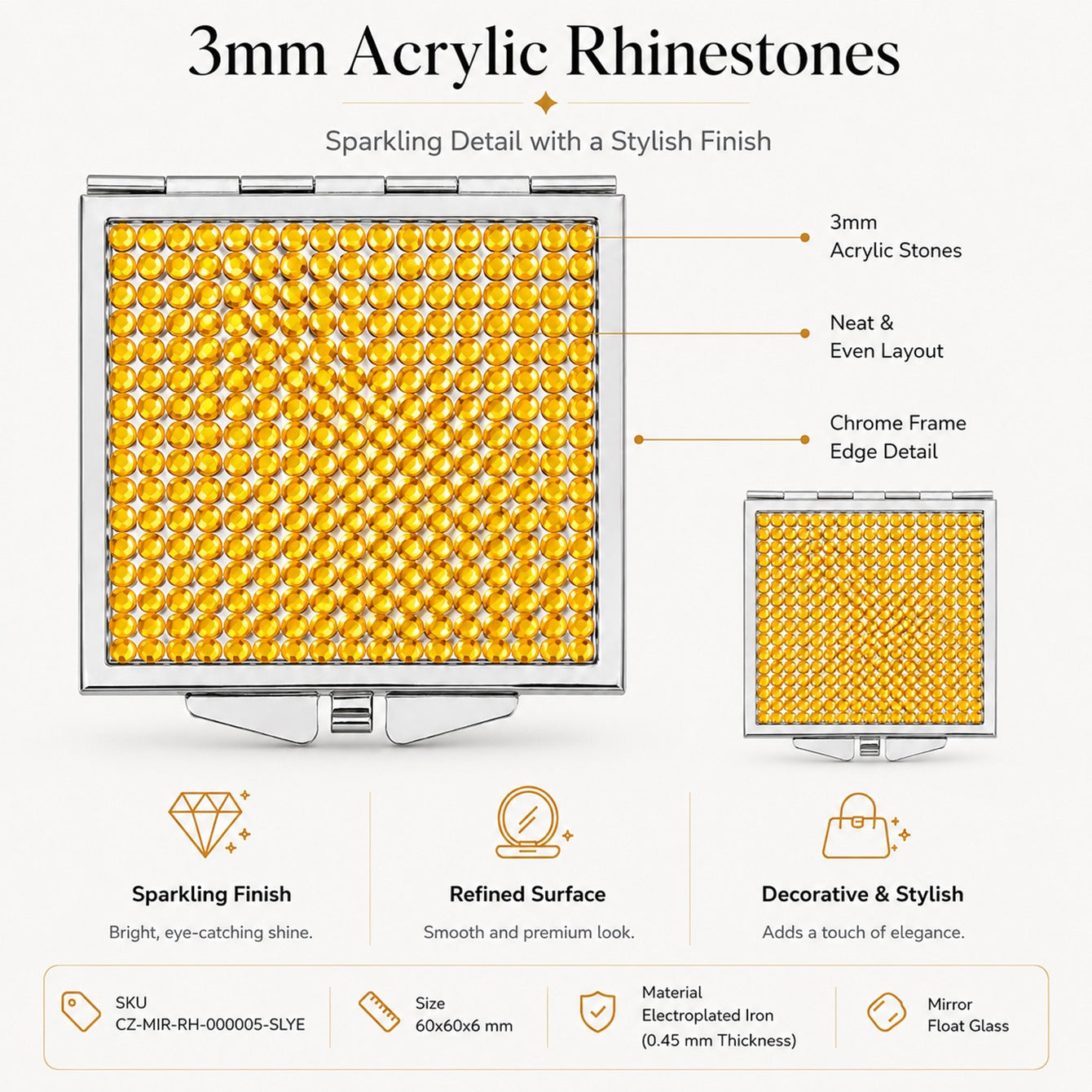 Close-up of 3mm yellow acrylic rhinestones on compact mirror