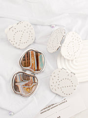 Apple Shaped Embossed Floral Leaf PU Leather Compact Mirror with Glitter Finish - Silver Iron Metal Frame Double-Sided Folding Pocket Vanity Mirror with HD Glass for Purse, Travel & Gifts