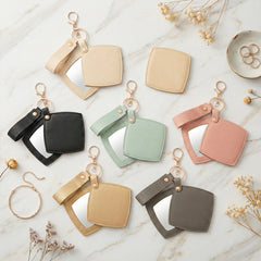 Litchi Grain PU Leather Rhombus-Shaped Compact Mirror Keychain - Multi-Color Cute HD Swivel Folding Double-Sided Travel Mirror