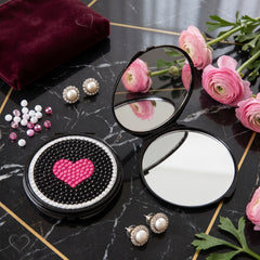 Bling Rhinestone Compact Mirror Black Metal Round Folding Dual Sided Pocket Makeup Mirror Heart Party Girl Cosmetic Mirror