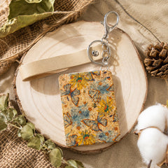 Natural Cork Keychain Compact Mirror Rectangle Floral Butterfly Printed Folding Pocket Mirror with PU Leather Strap Vanity