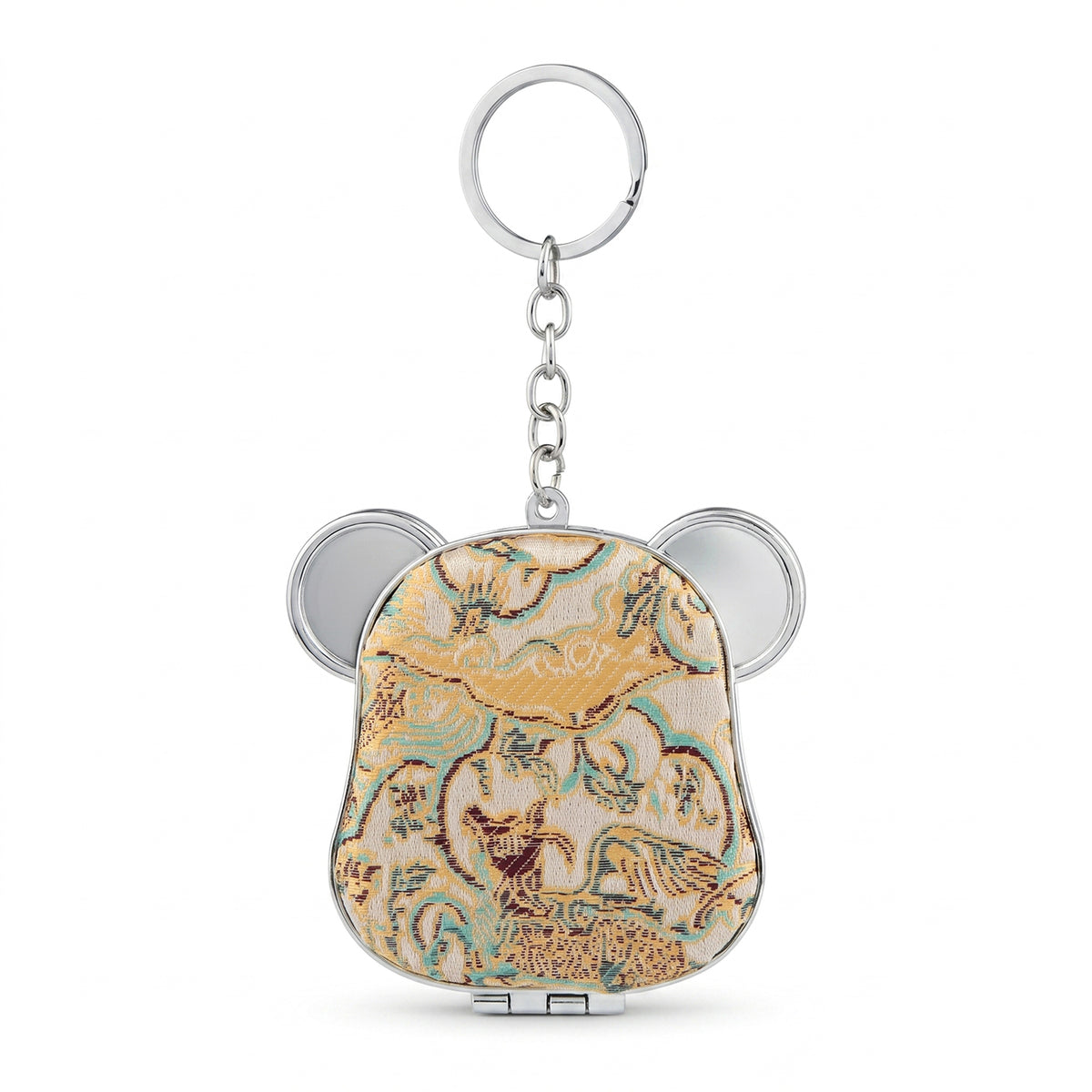 Cute Bear Head Compact Mirror Keychain, Song Brocade Fabric Double-Sided Folding Makeup Mirror with Plastic Frame & Glass Mirror, Portable Purse Mirror for Women Girls Travel Daily Use