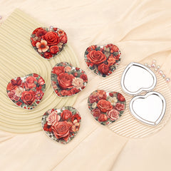 Heart Shaped Compact Makeup Mirror Vintage Rose Floral Folding Pocket Mirror Double Sided PU Leather Cosmetic Vanity Mirror