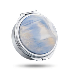 Round Pill Organizer with Mirror, 6 cm Compact Travel Pill Box with Acetate Acrylic Inlay, Metal Frame, ABS Compartments & Glass Mirror, Daily Medication and Vitamin Case for Women and Men