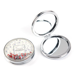 Round Quicksand Compact Mirror Floating Heart Sequins Folding Pocket Mirror Silver Plated Dual Sided Makeup Vanity Flowers Print Mirror