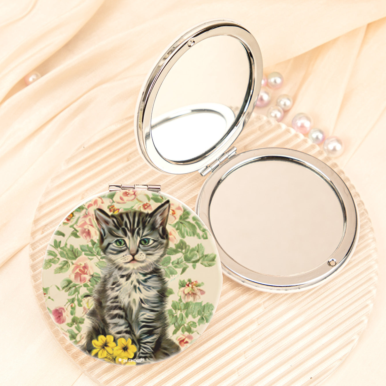 Cute cat floral PU leather compact mirror, product view 9