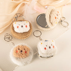 Cute Plush Compact Mirror Keychain, Portable Double-Sided Pocket Makeup Mirror with Soft Furry Animal Design for Women, Girls, Backpack & Travel