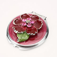 Vintage Floral Compact Mirror with Rhinestones, Double-Sided Folding Makeup Mirror, Portable Pocket Mirror