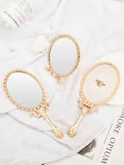 Vintage Folding Handheld and Tabletop Metal Makeup Mirror, Embossed Gold Frame with 3D Rhinestone Bee and PU Leather Back