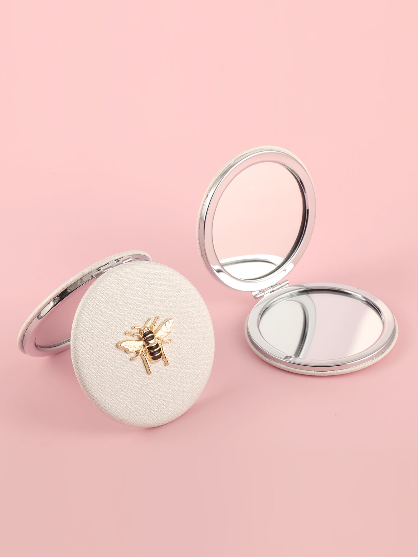 Vintage honeybee PU leather compact mirror with gold-tone bee emblem and double-sided glass