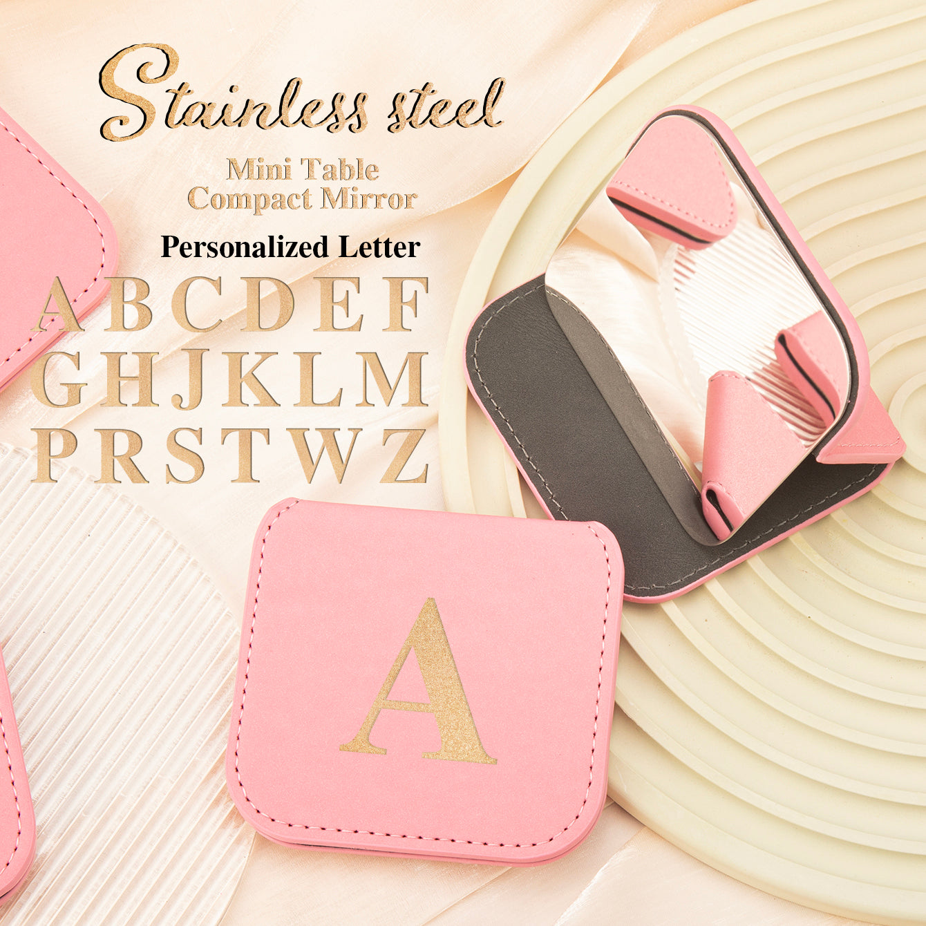 1PC Stainless Steel Makeup Mirror With Rounded Corners Square 2X Magnification Folding Double-sided Compact Mirror Leather Shell Bronzing Letters Can Be Used As A cCustomized Gift For Mom Friends Lovers Teachers Suitable For Use On Any Occasion Or Holiday