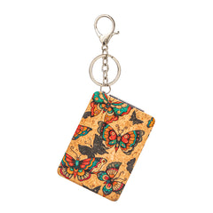 Natural Cork Keychain Compact Mirror Rectangle Floral Butterfly Printed Folding Pocket Mirror with PU Leather Strap Vanity