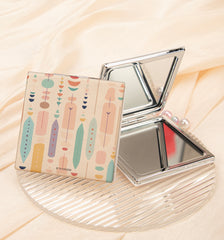 Boho Feather Square Compact Mirror 1X 2X Magnifying Portable Pocket Folding Dual Sided PU Leather Makeup Mirror for Purse