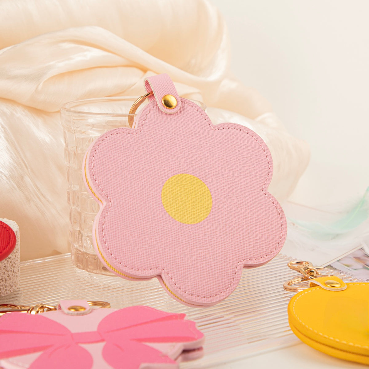 PU Leather Compact Mirror Keychain - Cute Shaped Flower Cherry & Ribbon Double-Sided Folding Travel Mirror - Pocket Purse Charm Vanity Mirror for Women, Girls & Students 🌸🍒🎀