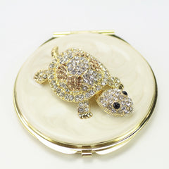 Vintage Off-White Epoxy Resin Sea Turtle Compact Mirror - Luxury Round Gold Electroplated Metal Double-Sided Folding Pocket Vanity