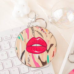 Red Lips Pattern PU Leather Compact Mirror Keychain, Double-Sided Folding Mirror