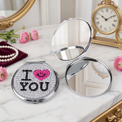 Silver Plated Rhinestone Compact Mirror Round Metal Folding Pocket Makeup Mirror Dual Sided Diamond I Love You Cosmetic Mirror