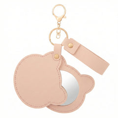 Bear-Head Shaped PU Leather Compact Mirror Keychain - Multi-Color Cute HD Swivel Folding Travel Mirror